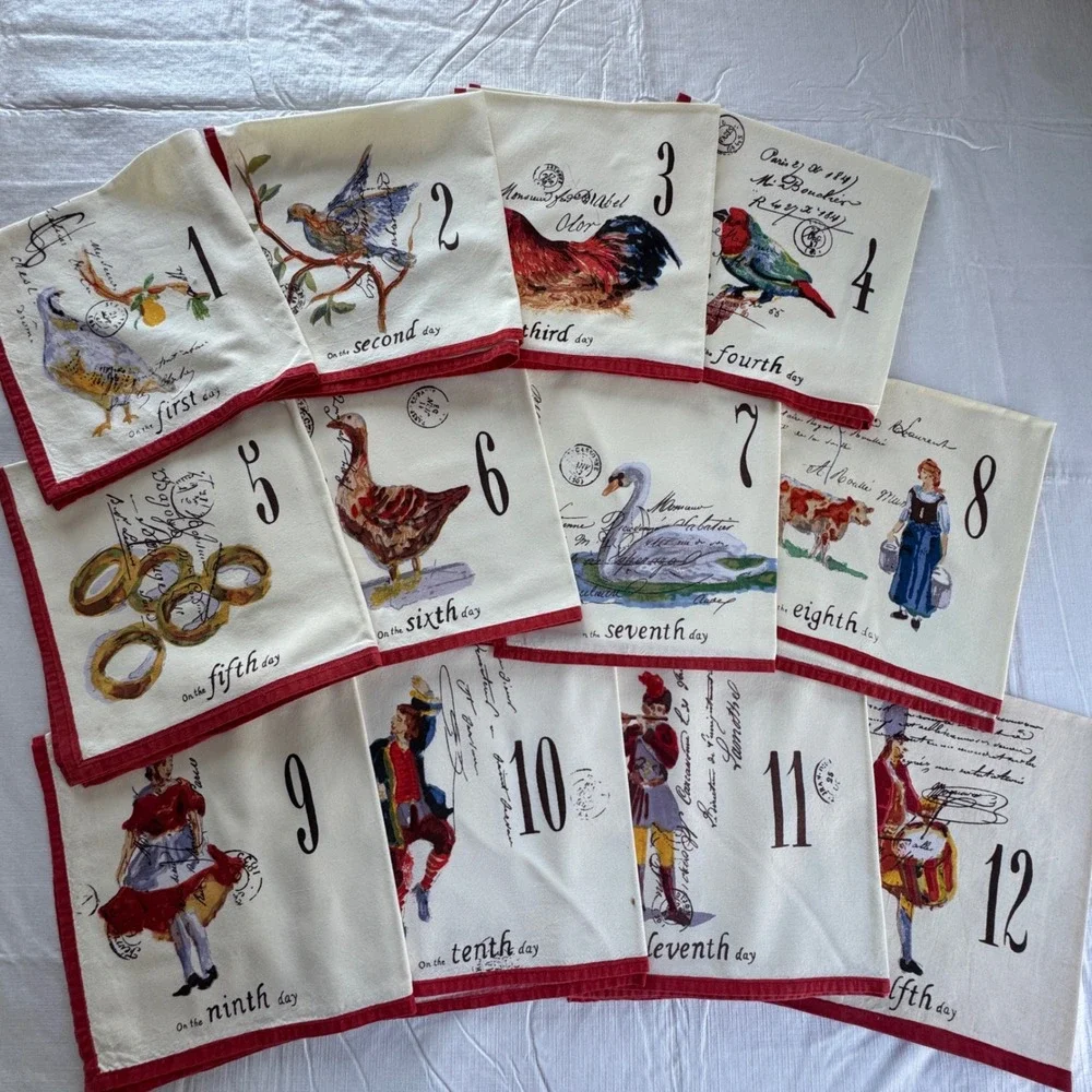 Williams Sonoma 12 Days of Christmas Cotton Napkins Set of 12 Red White RARE